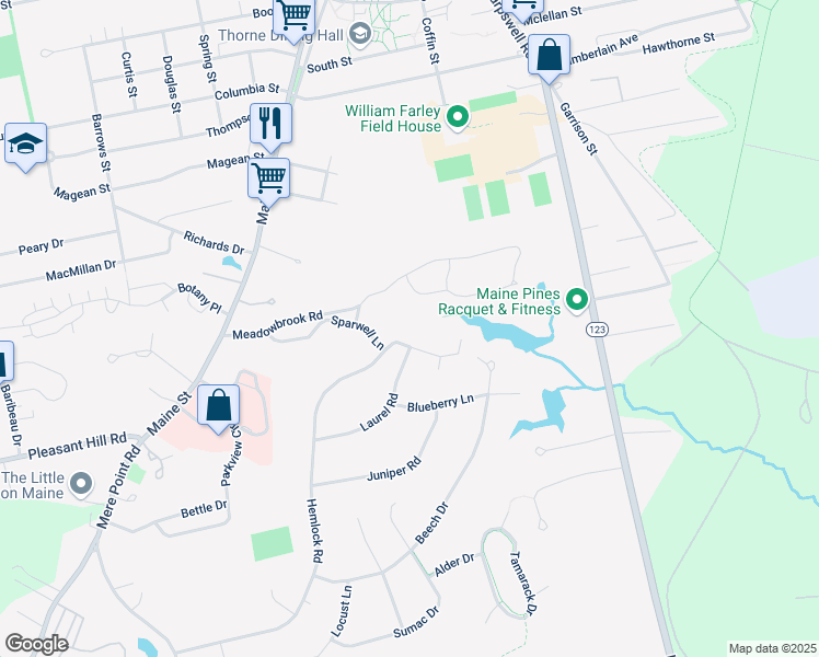 map of restaurants, bars, coffee shops, grocery stores, and more near 25 Sparwell Lane in Brunswick