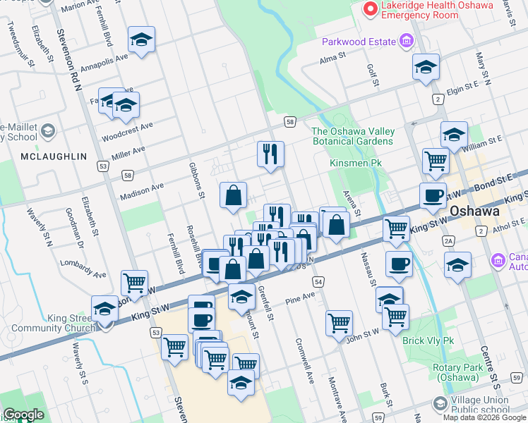 map of restaurants, bars, coffee shops, grocery stores, and more near 316 Saguenay Avenue in Oshawa