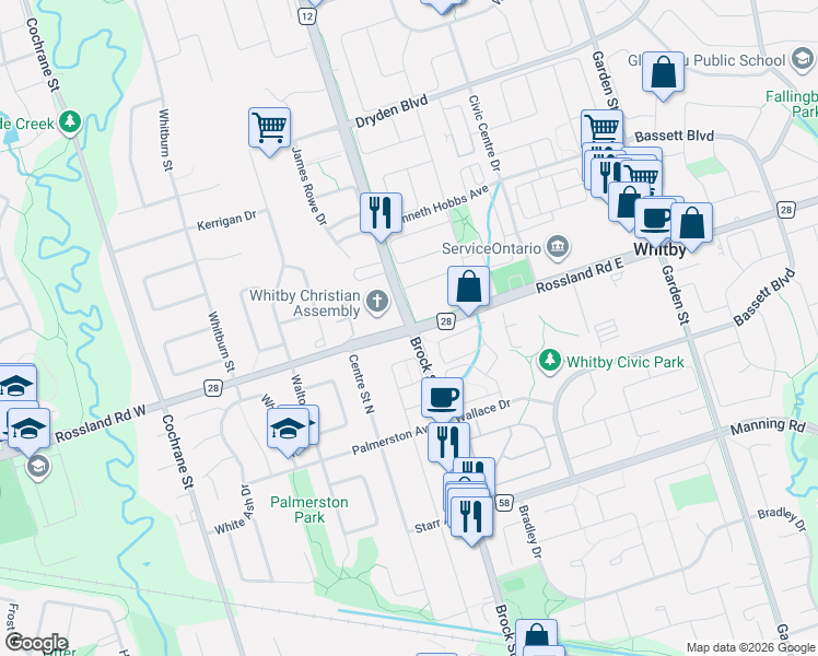 map of restaurants, bars, coffee shops, grocery stores, and more near Brock Street North in Whitby