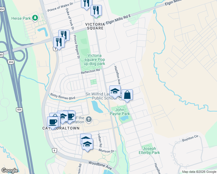 map of restaurants, bars, coffee shops, grocery stores, and more near 8 Church View Avenue in Markham