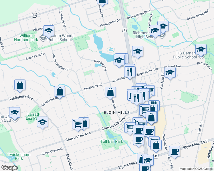 map of restaurants, bars, coffee shops, grocery stores, and more near 109 Brookside Road in Richmond Hill