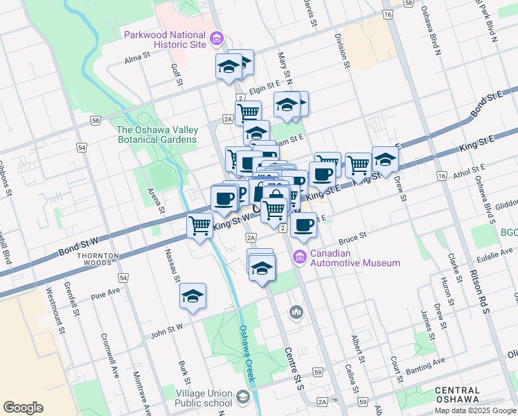 map of restaurants, bars, coffee shops, grocery stores, and more near in Oshawa