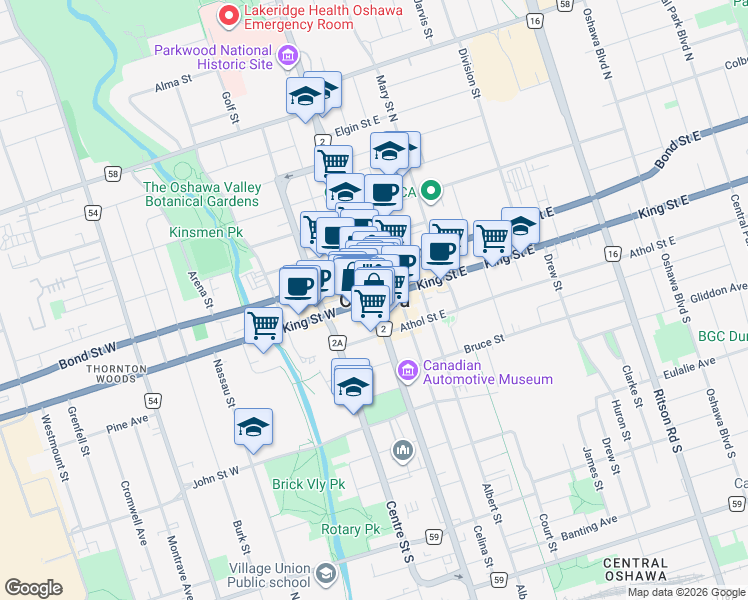 map of restaurants, bars, coffee shops, grocery stores, and more near King Street East & Simcoe Street North in Oshawa