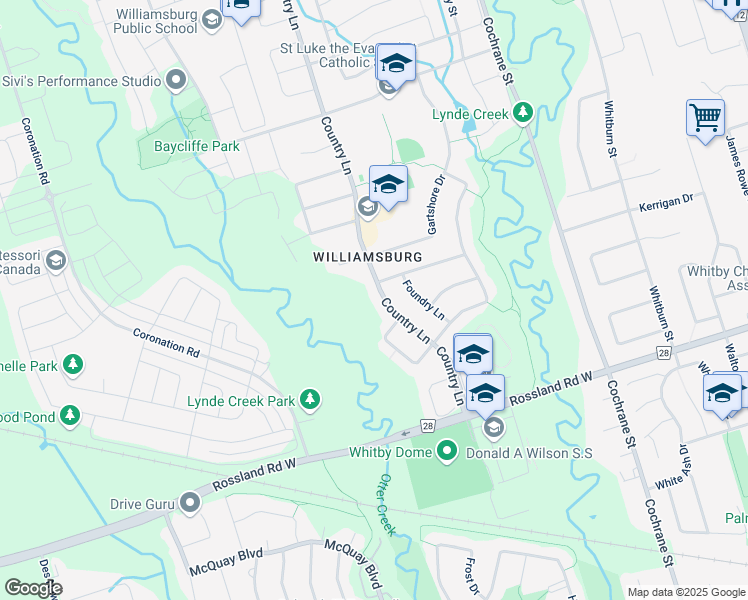 map of restaurants, bars, coffee shops, grocery stores, and more near 3080 Country Lane in Whitby