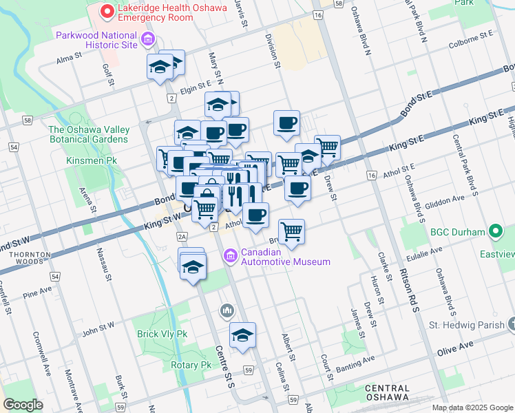map of restaurants, bars, coffee shops, grocery stores, and more near 60 Athol Street East in Oshawa