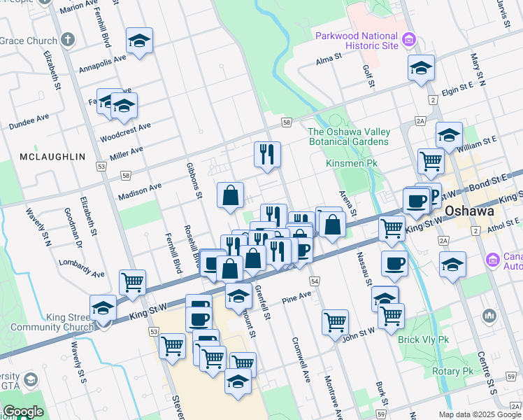 map of restaurants, bars, coffee shops, grocery stores, and more near in Oshawa