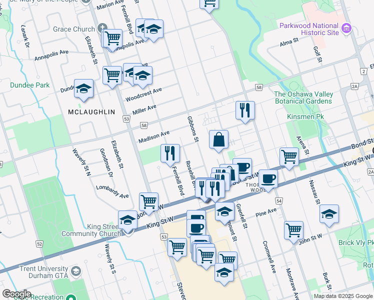map of restaurants, bars, coffee shops, grocery stores, and more near in Oshawa