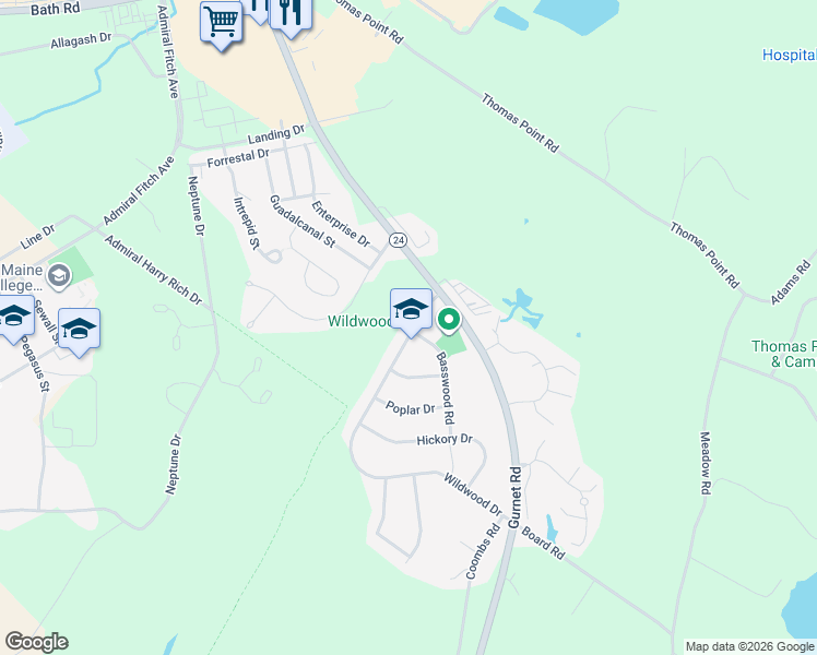 map of restaurants, bars, coffee shops, grocery stores, and more near 61 Wildwood Drive in Brunswick