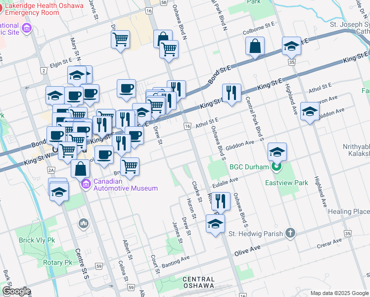 map of restaurants, bars, coffee shops, grocery stores, and more near 250 Bruce Street in Oshawa