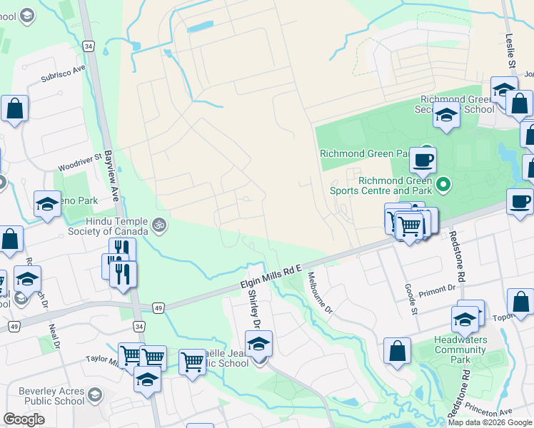 map of restaurants, bars, coffee shops, grocery stores, and more near 5 Steckley House Lane in Richmond Hill