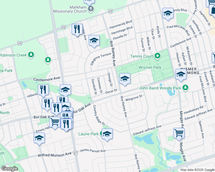 map of restaurants, bars, coffee shops, grocery stores, and more near 11 Vecchia Street in Markham