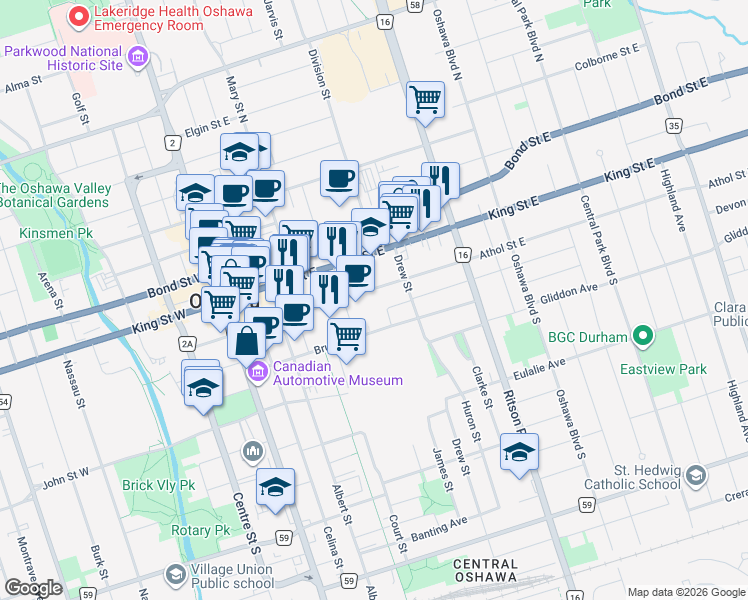 map of restaurants, bars, coffee shops, grocery stores, and more near 161 Athol Street East in Oshawa