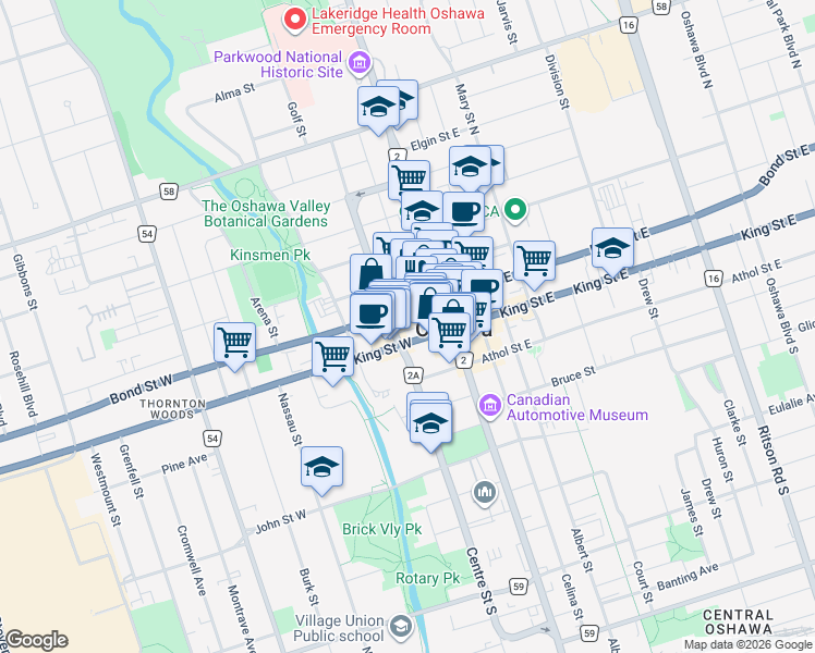 map of restaurants, bars, coffee shops, grocery stores, and more near 15 Durham Regional Road 2A in Oshawa