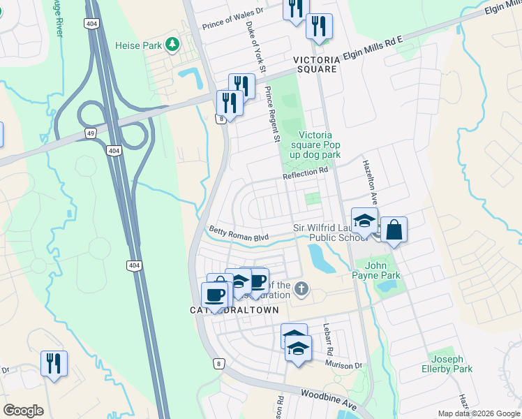 map of restaurants, bars, coffee shops, grocery stores, and more near 6 Crescent Park Lane in Markham