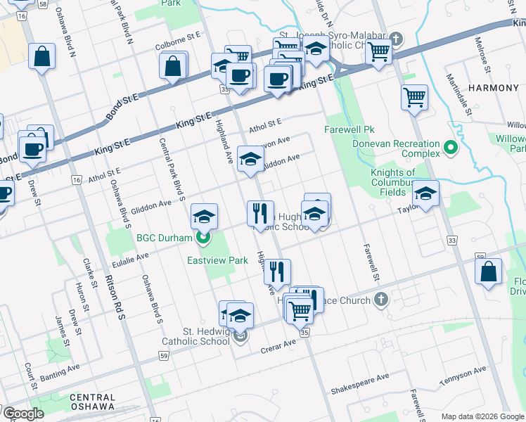 map of restaurants, bars, coffee shops, grocery stores, and more near 534 Eulalie Avenue in Oshawa