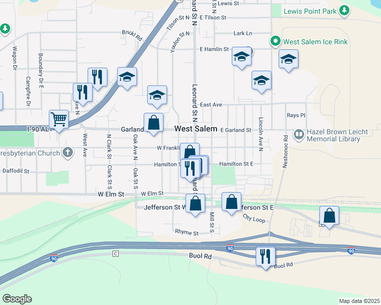 map of restaurants, bars, coffee shops, grocery stores, and more near 114 Leonard Street North in West Salem