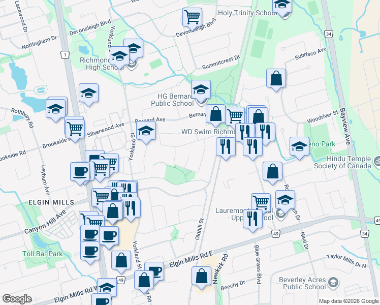 map of restaurants, bars, coffee shops, grocery stores, and more near 11 Shilo Court in Richmond Hill