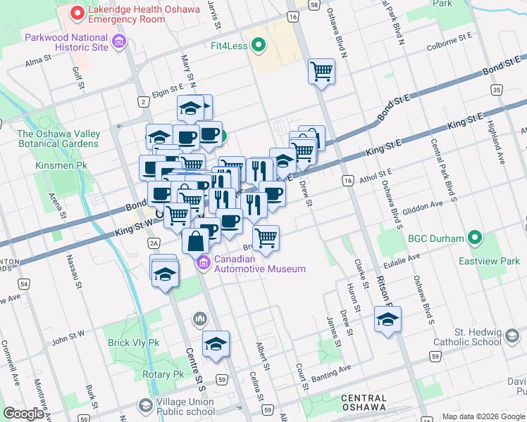 map of restaurants, bars, coffee shops, grocery stores, and more near Charles Street in Oshawa