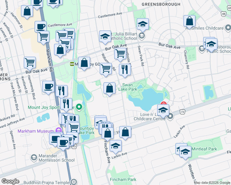 map of restaurants, bars, coffee shops, grocery stores, and more near 139 Maple Ridge Crescent in Markham