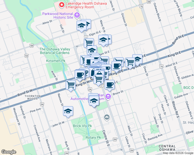 map of restaurants, bars, coffee shops, grocery stores, and more near in Oshawa