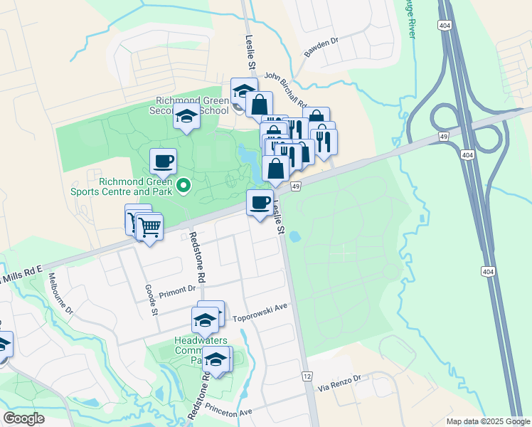 map of restaurants, bars, coffee shops, grocery stores, and more near in Richmond Hill