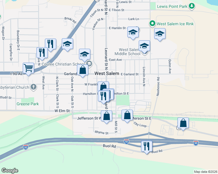 map of restaurants, bars, coffee shops, grocery stores, and more near 114 Leonard Street North in West Salem