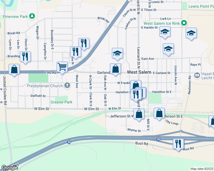map of restaurants, bars, coffee shops, grocery stores, and more near 367 Franklin St W in West Salem