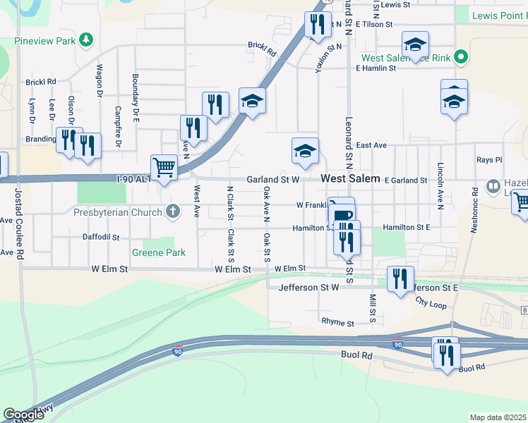 map of restaurants, bars, coffee shops, grocery stores, and more near 367 Franklin Street West in West Salem