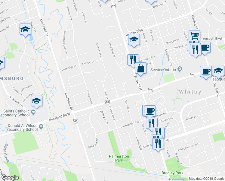 map of restaurants, bars, coffee shops, grocery stores, and more near 15 Fulton Crescent in Whitby