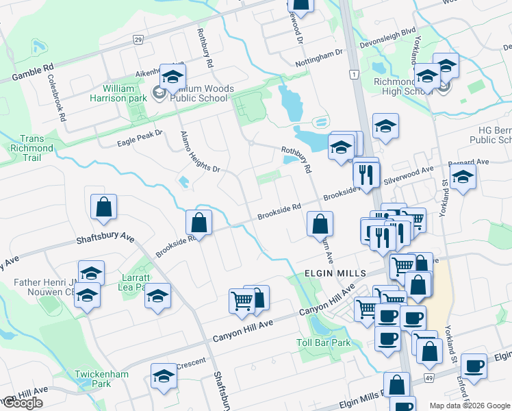 map of restaurants, bars, coffee shops, grocery stores, and more near 9 Ridgestone Drive in Richmond Hill