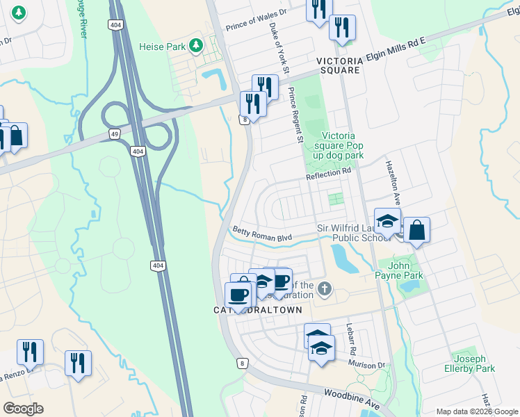 map of restaurants, bars, coffee shops, grocery stores, and more near 81 Reflection Road in Markham