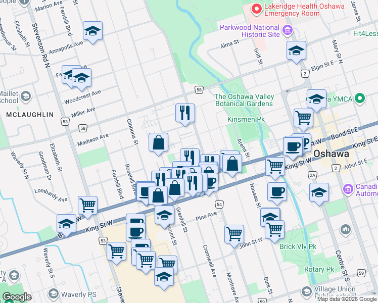 map of restaurants, bars, coffee shops, grocery stores, and more near in Oshawa