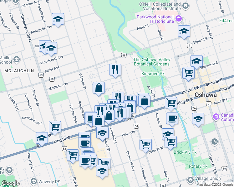 map of restaurants, bars, coffee shops, grocery stores, and more near 296 Saguenay Avenue in Oshawa