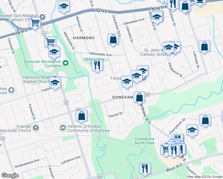 map of restaurants, bars, coffee shops, grocery stores, and more near 363 Lorindale Drive in Oshawa