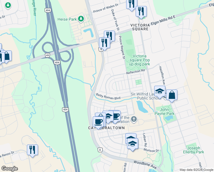 map of restaurants, bars, coffee shops, grocery stores, and more near 81 Reflection Road in Markham