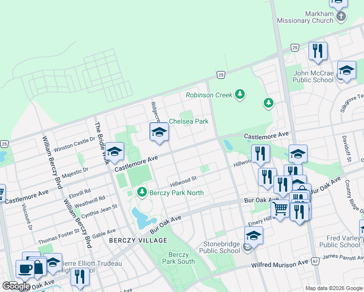 map of restaurants, bars, coffee shops, grocery stores, and more near 312 Castlemore Avenue in Markham