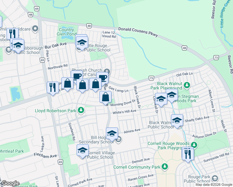 map of restaurants, bars, coffee shops, grocery stores, and more near 43 Colchester Street in Markham
