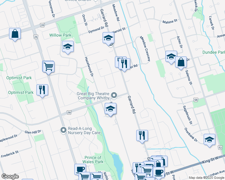 map of restaurants, bars, coffee shops, grocery stores, and more near 1852 Manning Road in Whitby