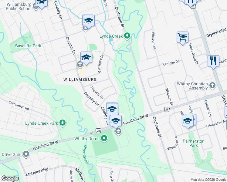 map of restaurants, bars, coffee shops, grocery stores, and more near 46 Wetherburn Drive in Whitby