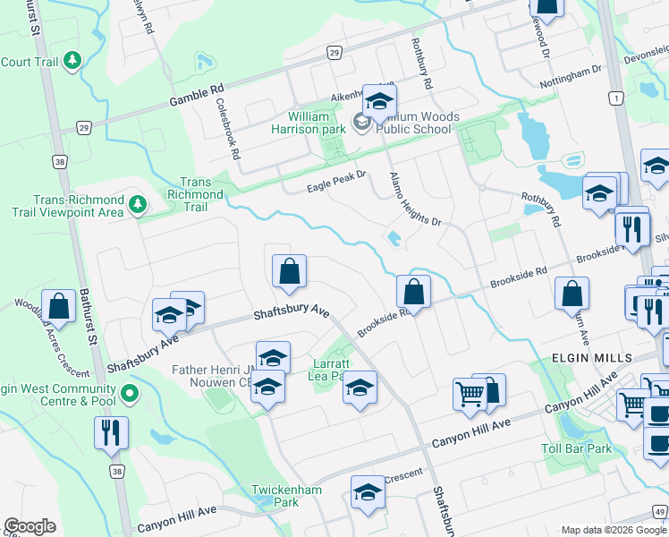map of restaurants, bars, coffee shops, grocery stores, and more near 45 Cedar Springs Drive in Richmond Hill