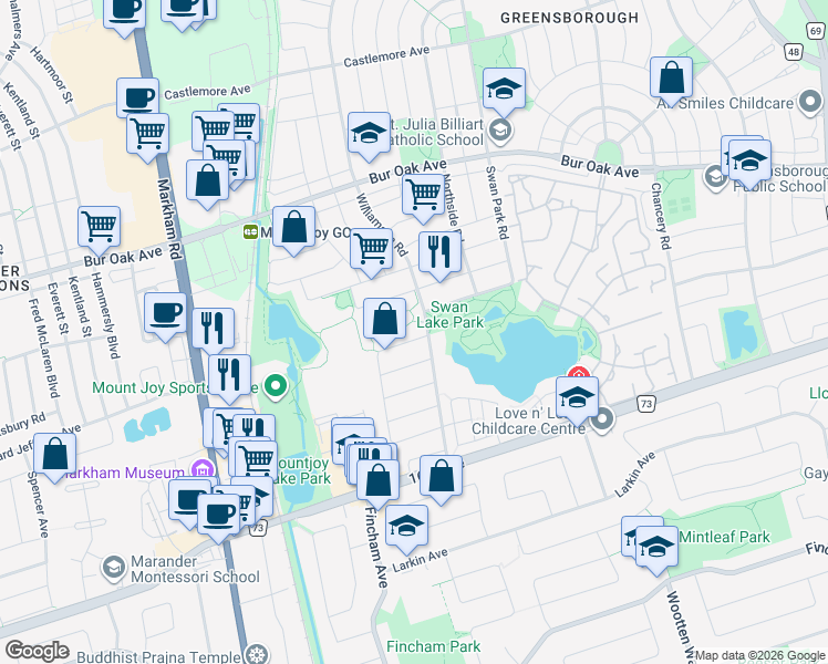map of restaurants, bars, coffee shops, grocery stores, and more near 139 Maple Ridge Crescent in Markham