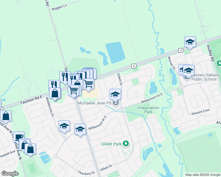 map of restaurants, bars, coffee shops, grocery stores, and more near 87 Booker Drive in Ajax