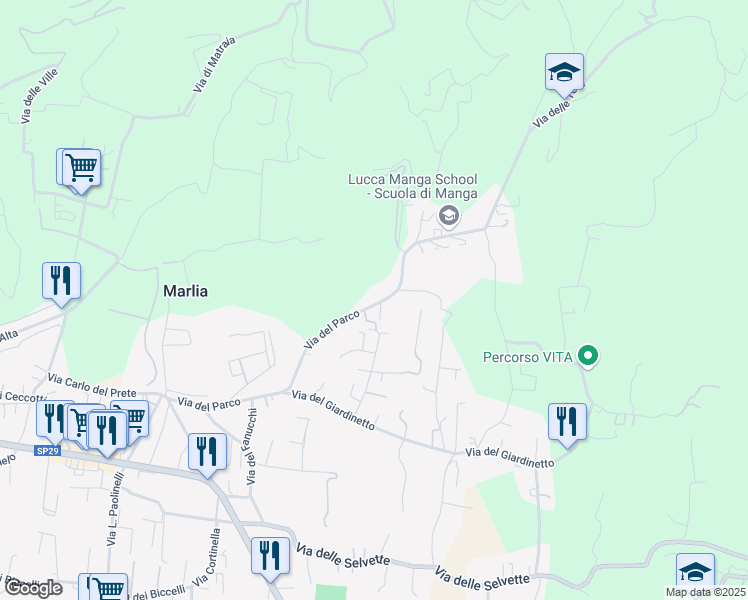 map of restaurants, bars, coffee shops, grocery stores, and more near 35 Via del Parco in Capannori