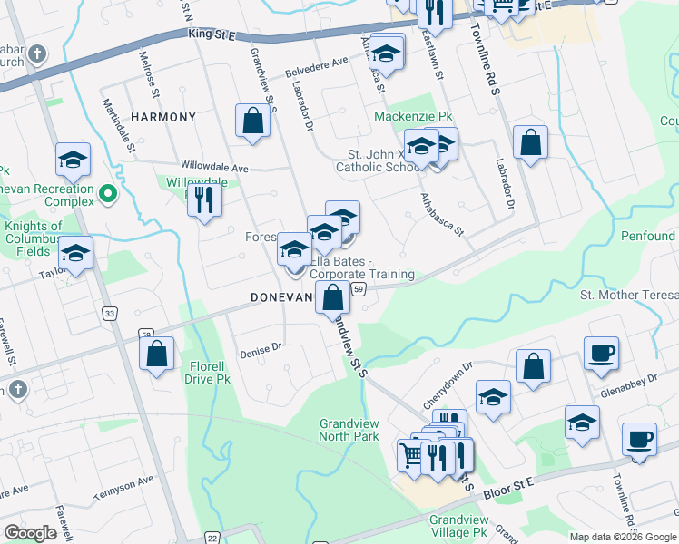 map of restaurants, bars, coffee shops, grocery stores, and more near in Oshawa