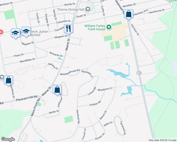 map of restaurants, bars, coffee shops, grocery stores, and more near 20 Sparwell Lane in Brunswick