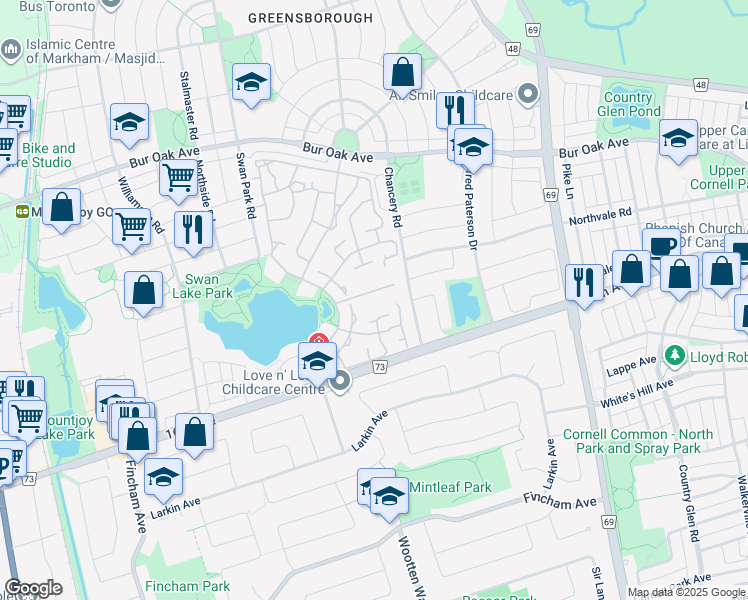 map of restaurants, bars, coffee shops, grocery stores, and more near 55 The Boardwalk Way in Markham