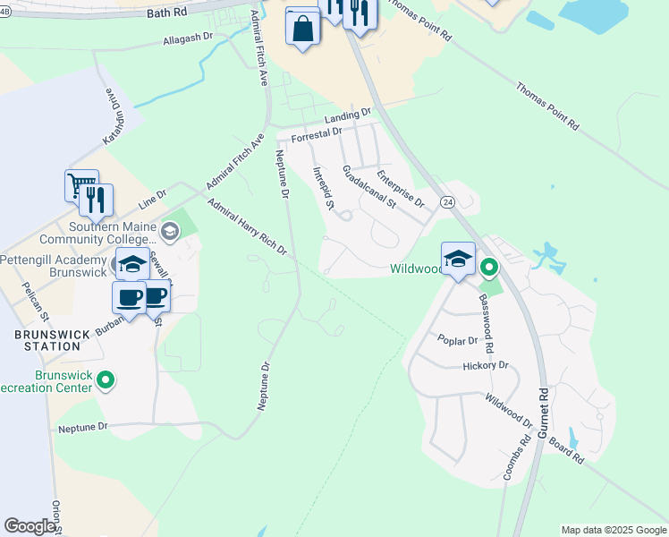 map of restaurants, bars, coffee shops, grocery stores, and more near 9 Midway Circle in Brunswick