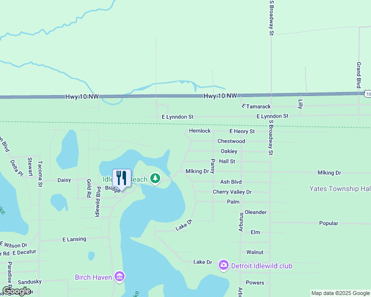 map of restaurants, bars, coffee shops, grocery stores, and more near 6227 Northrup Road in Idlewild