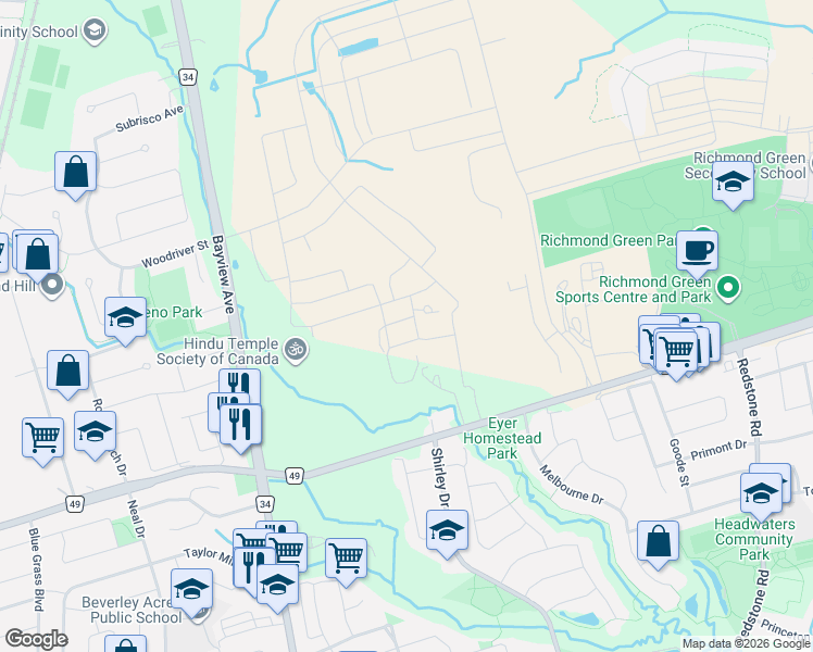 map of restaurants, bars, coffee shops, grocery stores, and more near 7 Red Squirrel Lane in Richmond Hill