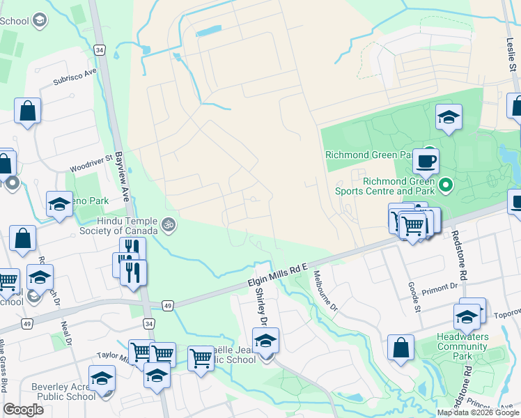 map of restaurants, bars, coffee shops, grocery stores, and more near 14 David Eyer Road in Richmond Hill
